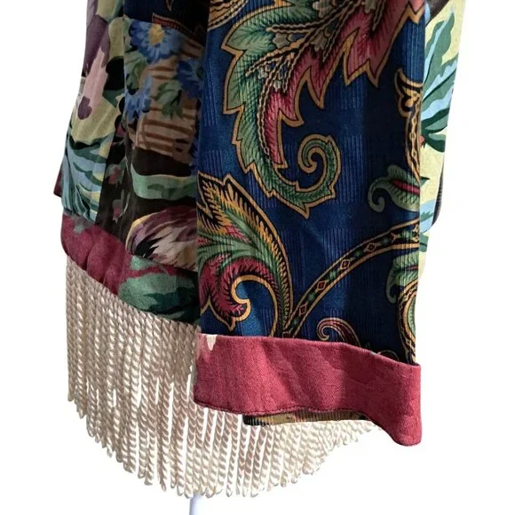 Vintage Boho Patchwork Fringe Floral Kimono Jacket Multicolor Artsy Toile Paisle - Picture 9 of 11